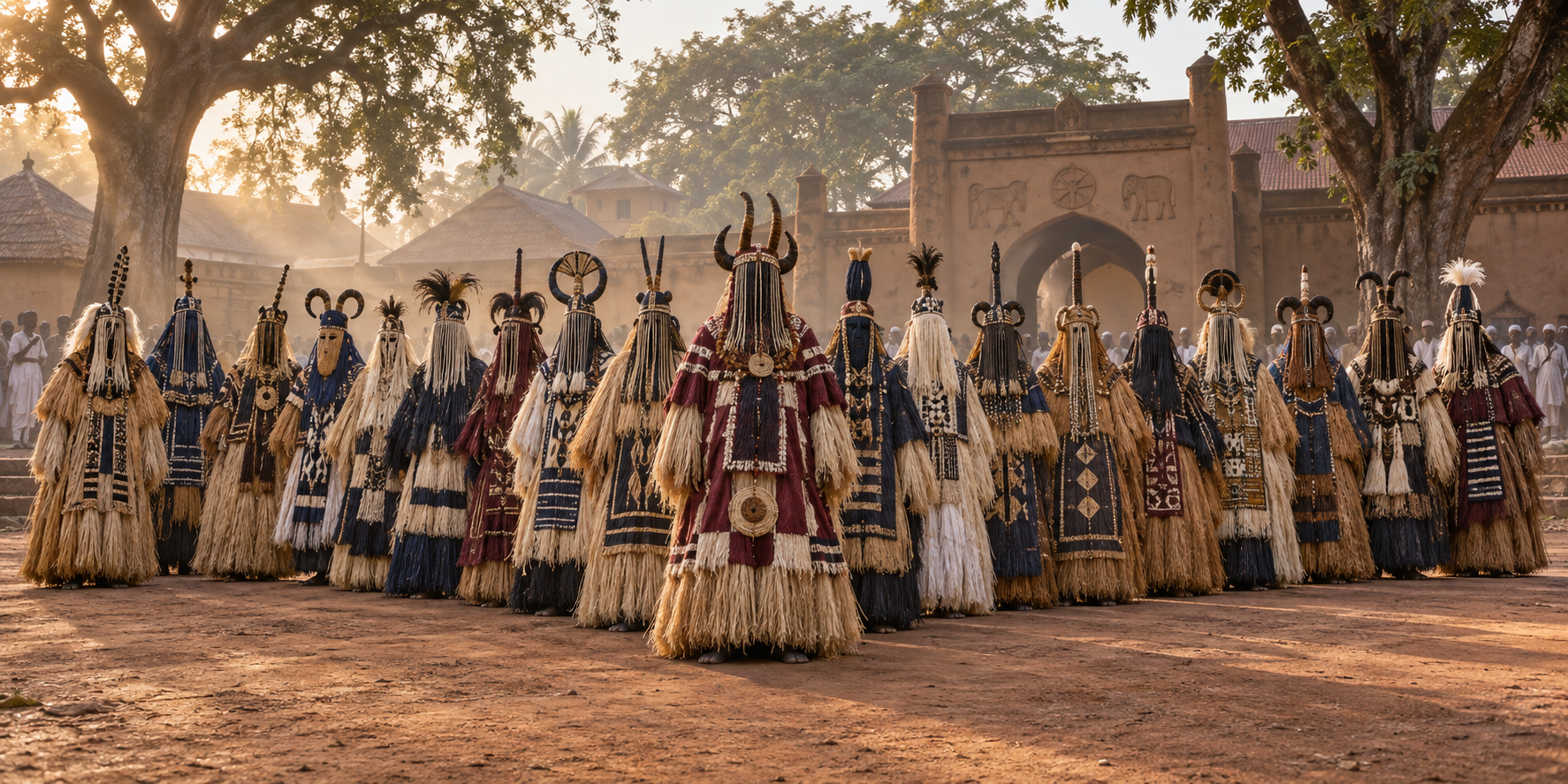 Alegemo Merindinlogun—sixteen Agemo figures of Ijebuland standing together