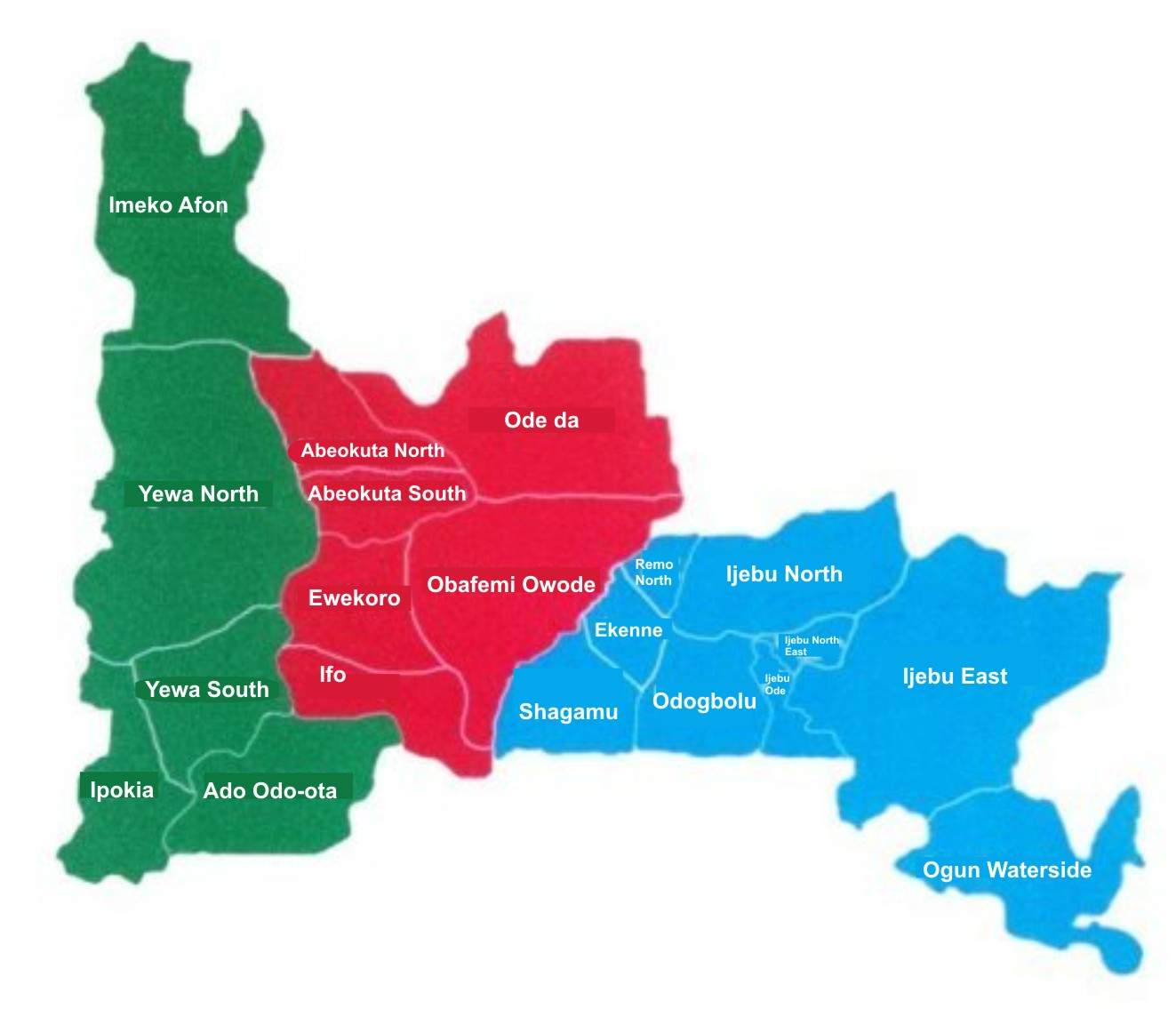 Map highlighting the Ijebu and Remo local governments in Ogun State